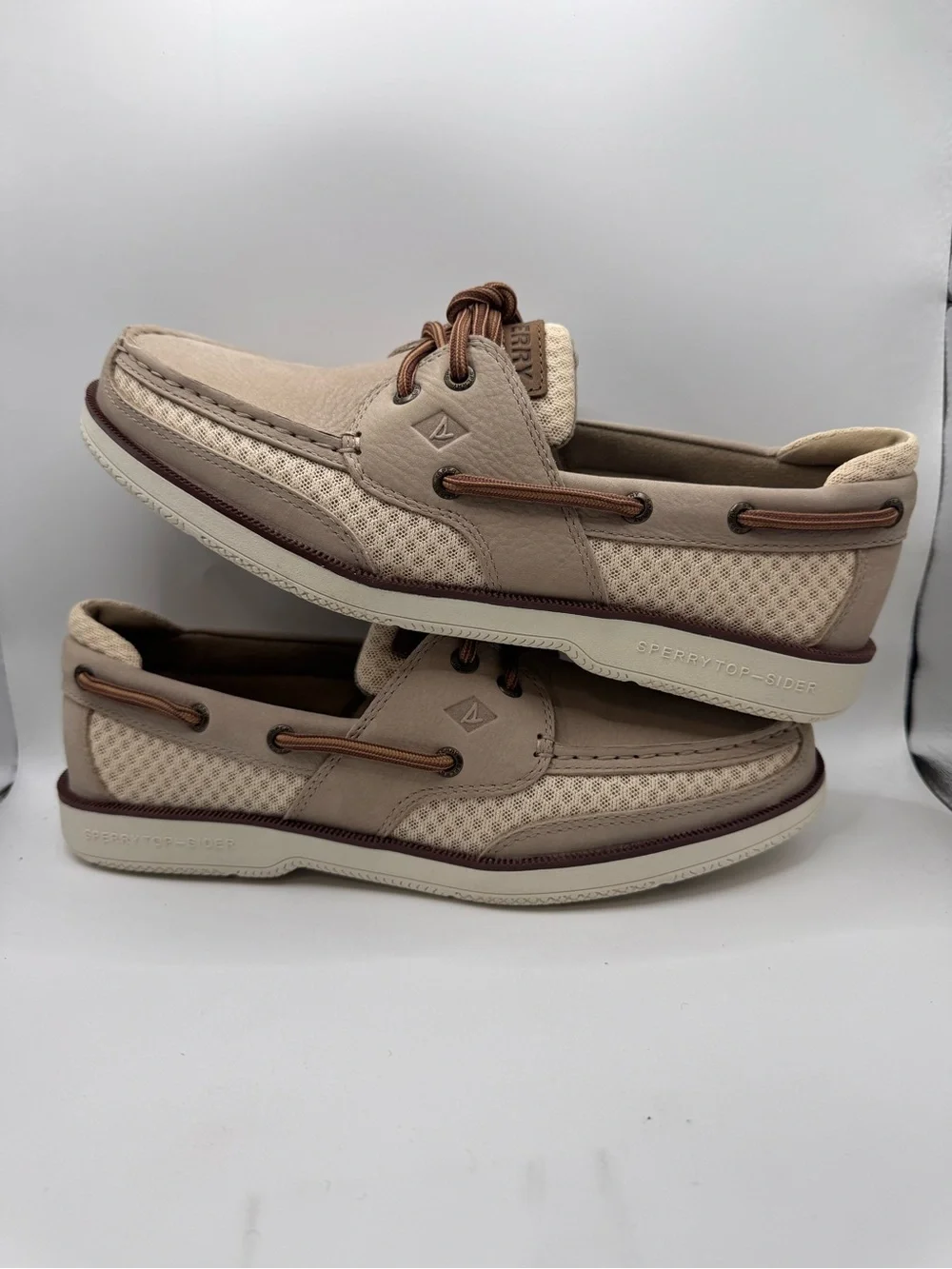 Sperry Men’s Light Beige and Brown Mesh & Leather Boat Shoe